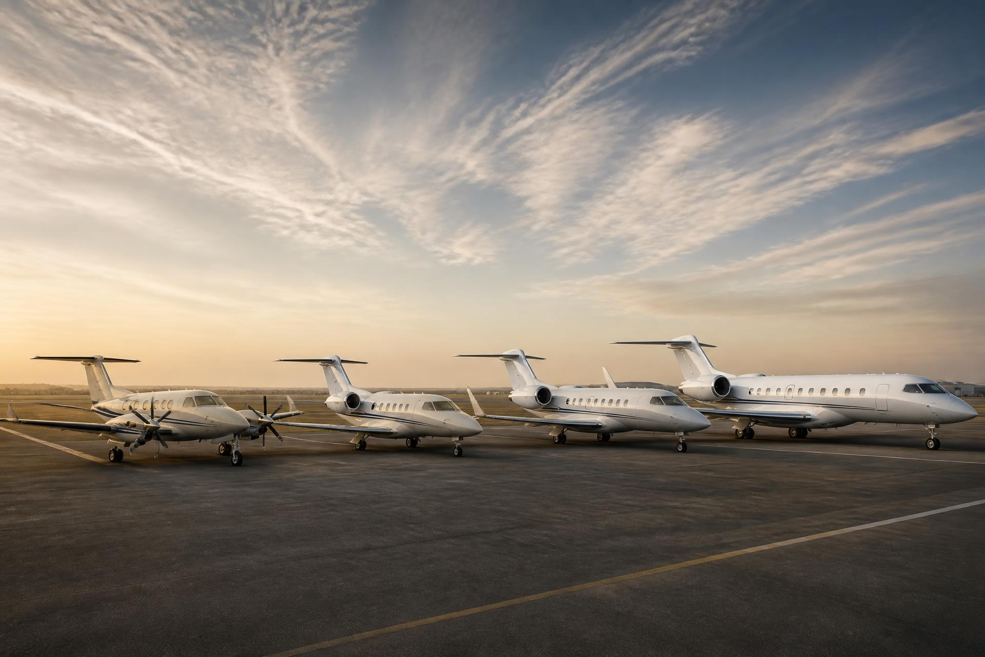 Four business aircraft — turboprop, light jet, super-mid, and heavy — parked on an open airfield at dawn